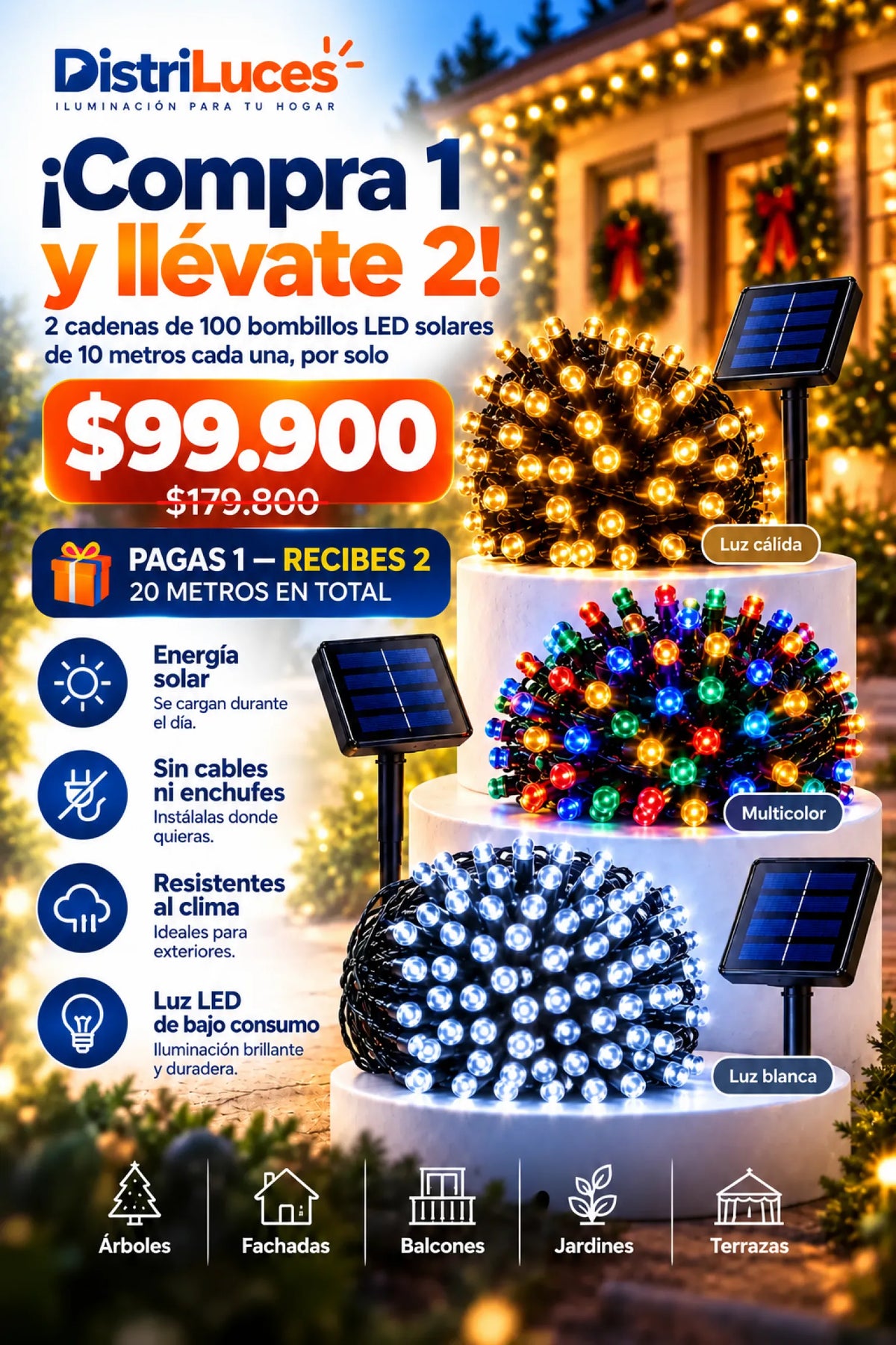 Compra 1 Lleva la 2 Gratis - Luces Solares Navideñas 20 METROS